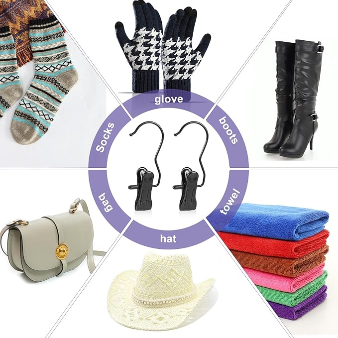 60 Pcs Boot Hangers Clips, Heavy Duty Laundry Hooks and Clothes Pins for Closet Organizer, Portable Space Saving for Travel, Hanging Pants, Jeans, Tall Boots, Towels, Socks, Hats, Black