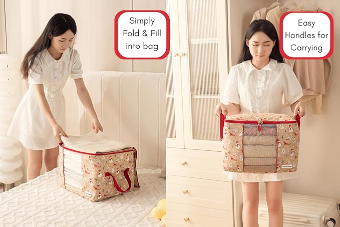 Canvas Storage Bags Designer Organizer 2 Pack – Seasonal Storage for Sweaters, Blankets, Linens & Garments – Foldable Design with Zip & Window, Moth-Proof Space Saver, Snowman Print