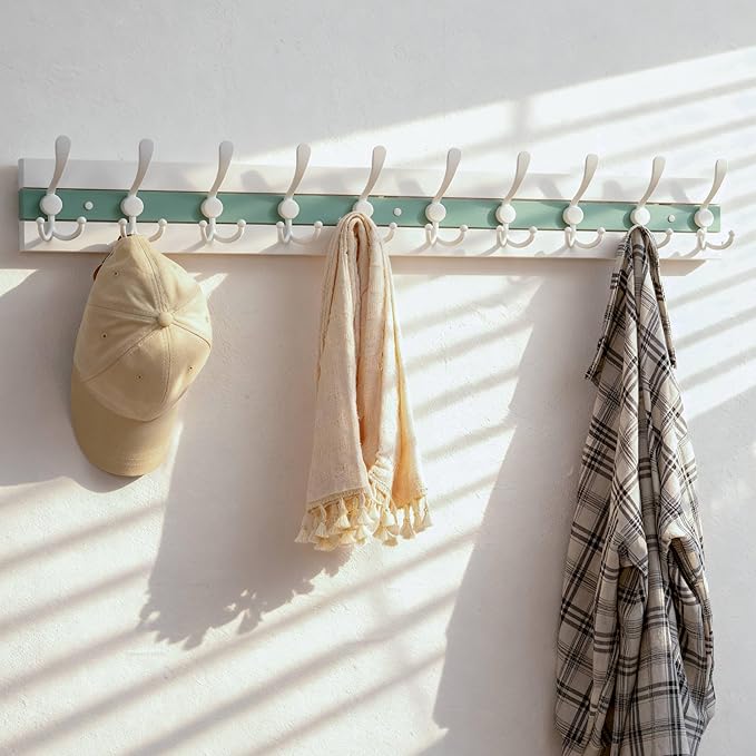 SKOLOO Coastal Wall Mounted Coat Rack - 38-1/8" Beach House Entryway Wooden Coat Hook with 10 Hooks for Hanging Coats, Hats or Towels, Oceanfront Cottage Core Collection, White & Green
