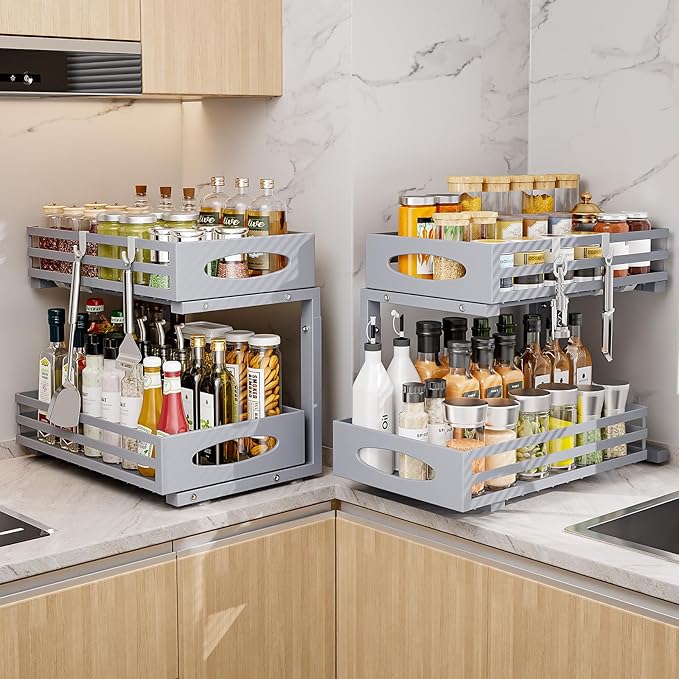 Under Sink Organizer, 2 Tier Under Sink Organizers and Storage, Adjustable Height, Slide out Metal Cabinet Organizers, Pull out Cabinet Storage Drawer Shelf for Kitchen Bathroom Gray 2Pack