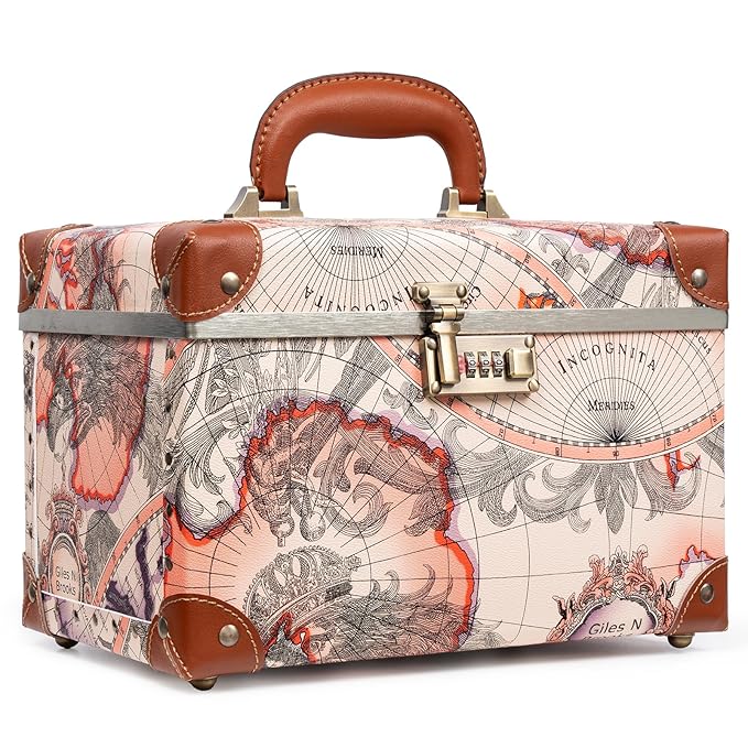 urecity Vintage Makeup Train Case with Metal Combination Lock, World Map Pattern Artificial Leather, Desktop Cosmetic Organizer Storage Box