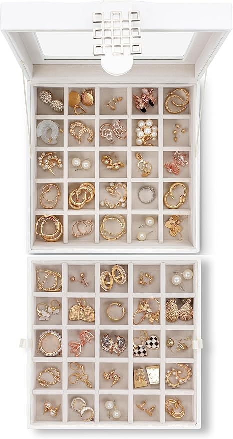Glenor Co Earring Organizer - Classic 50 Section Jewelry Box/Case/Holder for Earrings, Rings, Necklaces, Jewelry, Cufflinks or Collections -2 Layer Small Compartments with Large Glass Top - White