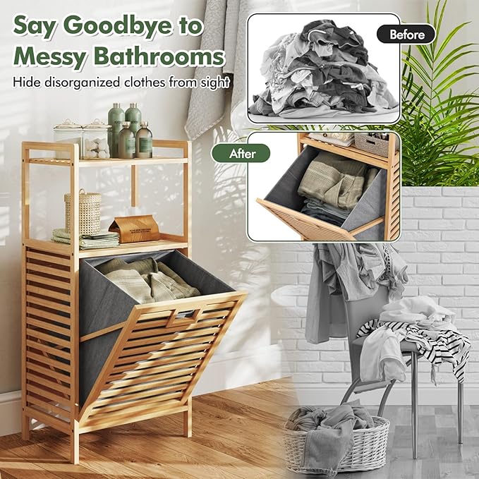 Giantex Tilt Out Laundry Hamper, Bamboo Laundry Storage Cabinet w/ 2-Tier Storage Shelves, Foldable & Removable Basket, Freestanding Laundry Basket Organizer for Bathroom Laundry Room Bedroom