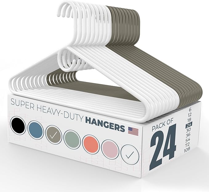 Neaties Super Heavy Duty Clothes Hangers 20 Pack (24 Count) – Made in The USA - 10lb Capacity, Thick Plastic Hangers for Pants, Coats, Jackets, Jeans and Adult Clothing – White & Gray