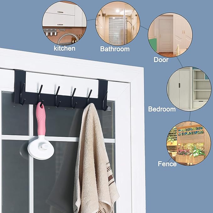 SKOLOO Over The Door Hook - 6 Hooks, No Assembly Required, Stainless Steel Door Hooks, Over Door Coat Rack for Hanging Coats Clothes Hats Robes, Black