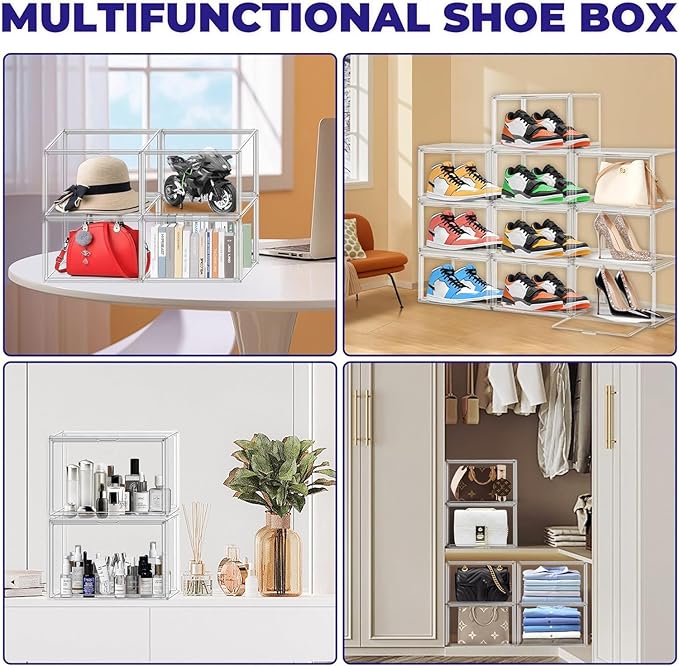 10 Pack Crystal Clear Acrylic Shoe Box Size 15, Stackable Sneaker Display Case with Magnetic Door, Dustproof Shoe Organizer for Shoes Toy Hat Collectible Storage in Entryway, Hallway, Closet, Underbed