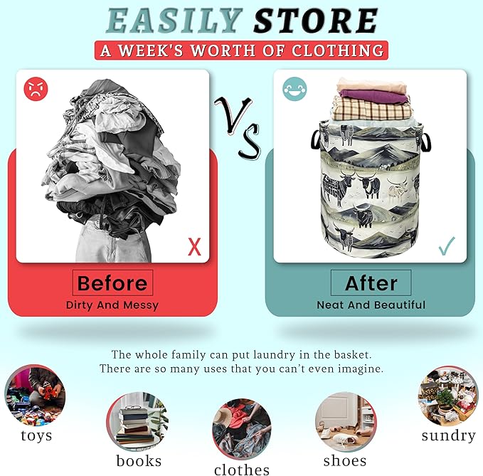 Retro Highland Cattle Laundry Basket With Handles Oxford Cloth Tote Bag Colorful Laundry Hamper 18.9"x16.5 "Foldable Clothes Storage Bucket Organizer For Bathroom/Laundry/Bedroom