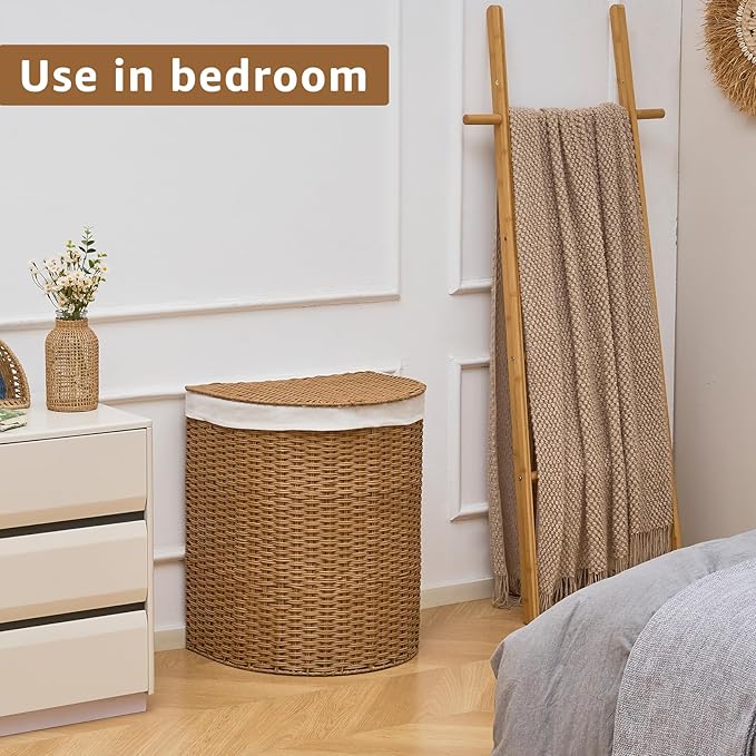 Wicker Half Moon Laundry Basket with Lid and 2 Replaceable Liner Bags, Handwoven Rattan Hamper for Dirty Clothes, Rattan, 120L