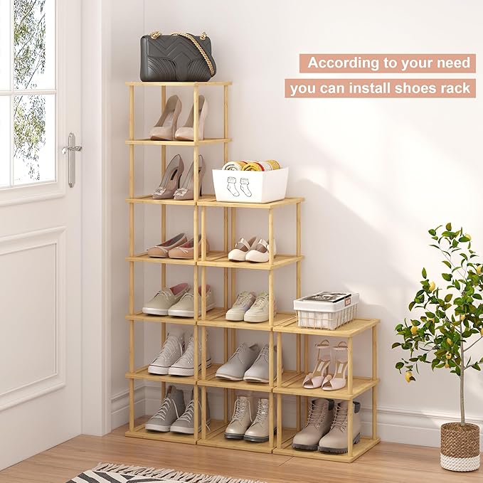 Bamboo Free Standing Shoe Rack Shelf Multi Tier Tall Wooden Stackable Shoes Rack Organizer for Closet Front Door Entrance Narrow Vertical Shoe Storage (Bamboo, 7 Tiers)
