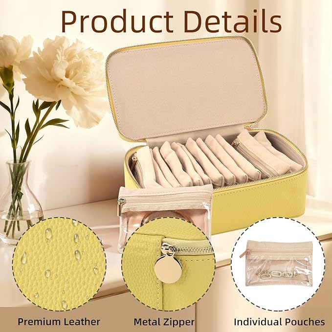 Travel Jewelry Box,Jewelry Travel Organizer for Women, Travel Jewelry Case with 12pcs Velvet Jewelry Pouches for Necklaces Rings Earrings Sorting Storage(yellow