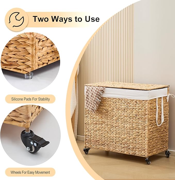 3-Section Laundry Hamper with Lid, Large Capacity Woven Natural Water Hyacinth Laundry Sorter with Removable Liners, Rolling or Non-Slip Design for Bedroom (Natural, 3-Section)