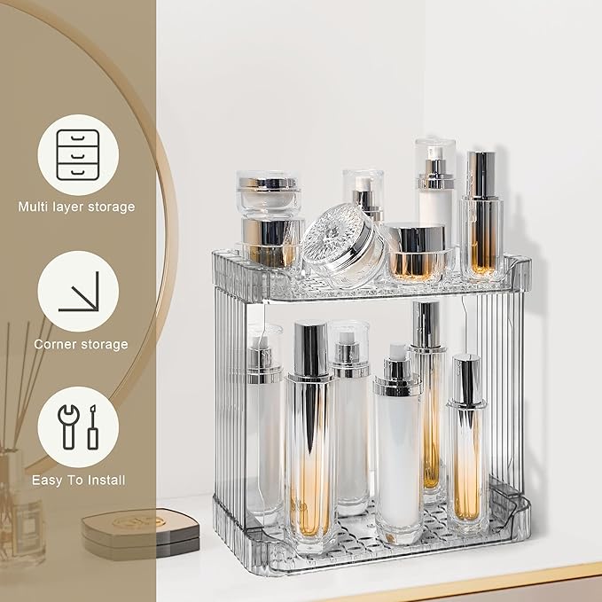 Bathroom Counter Organizer Cosmetics Skincare Organizers Skincare Makeup Organizer Countertop Holder for Perfume-2 Tier-Grey