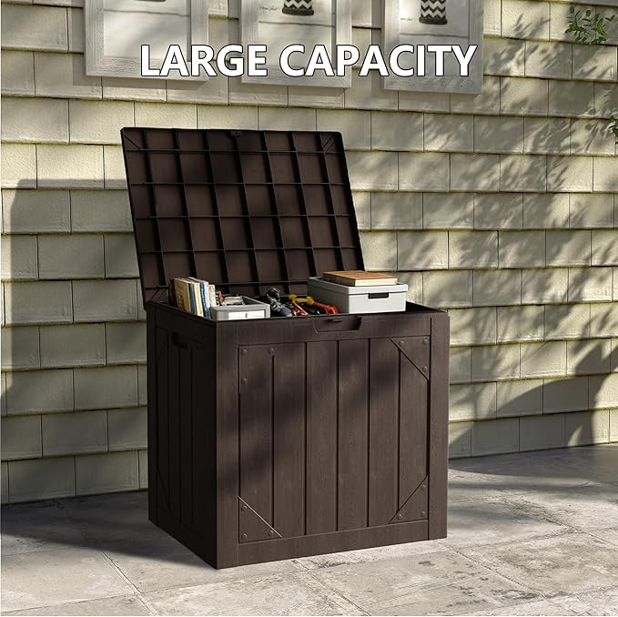 31 Gallon Resin Deck Box Waterproof Outdoor Storage Box for Patio Furniture Pool Accessories Indoor Storage for Cushion Garden Tools, Brown
