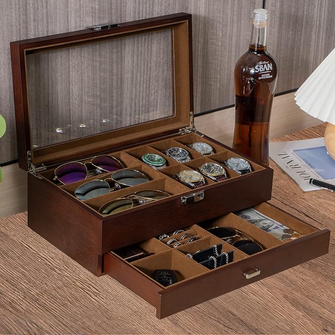 ProCase Wooden Men's Jewelry Box, 2-Tier Watch Holder and Sunglasses Box Organizer for Men, Display Cases with Clear Glass Top and Storage Drawer -Espresso