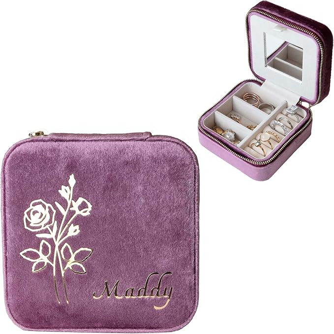Customizable Compact Velvet Jewelry Box with Mirror, Travel Jewelry Case, Travel Jewelry Organizer, Jewelry Box for Women and Girls, Small Jewelry Organizer (Flower Design, Mulberry)
