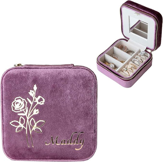Customizable Compact Velvet Jewelry Box with Mirror, Travel Jewelry Case, Travel Jewelry Organizer, Jewelry Box for Women and Girls, Small Jewelry Organizer (Flower Design, Mulberry)