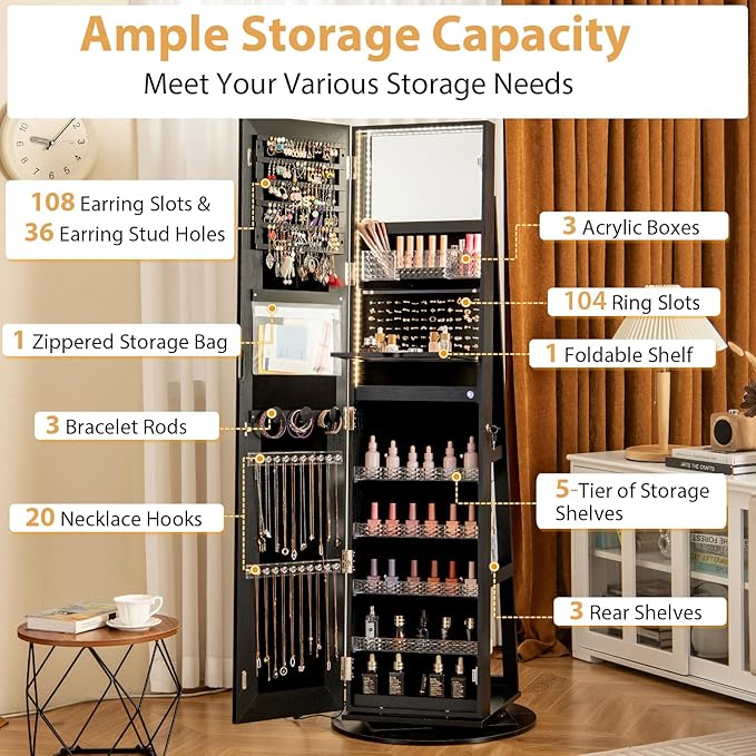 GOFLAME 360° Swivel Jewelry Cabinet Armoire with Full Length Mirror, Standing Jewelry Storage Organizer with Rear Storage Shelves, 3-Color LED Lights, Foldable Shelf, Interior Mirror, Black