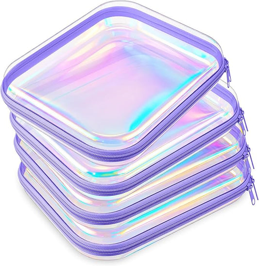 Hoolerry 4 Pcs Hard Clear Zipper Case Makeup Bags Plastic Pencil Pouch Transparent Storage Box Containers for Cosmetics, Snacks, Building Blocks, Puzzles(Purple Laser,9.8 x 7.9 x 2 in)