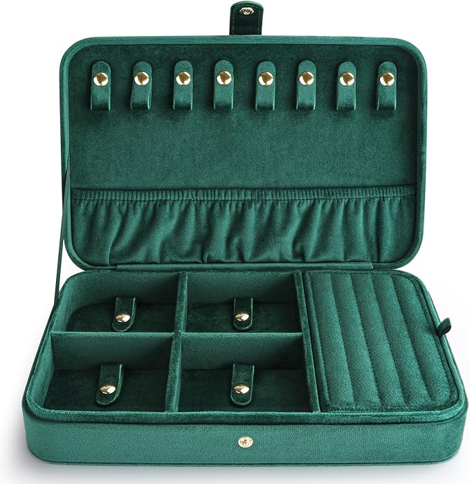 VELORIA Emerald Green Velvet Travel Jewelry Organizer, Necklace Holder Case with 8 Snap Clasps, Elastic Pouch, Ring & Earring Storage, Compact Jewelry Case for Bracelets and Bangles