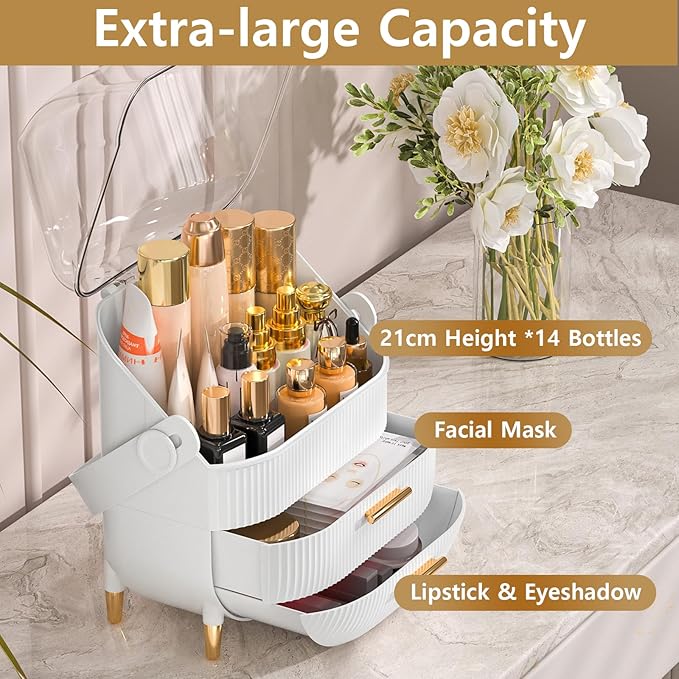 Makeup Organizer Skincare Organizers - Cosmetic Display Cases with Transparent Cover, SkinCare Organizers for Bathroom Countertop, Bedroom Vanity Desk, Lipstick Organizer, White