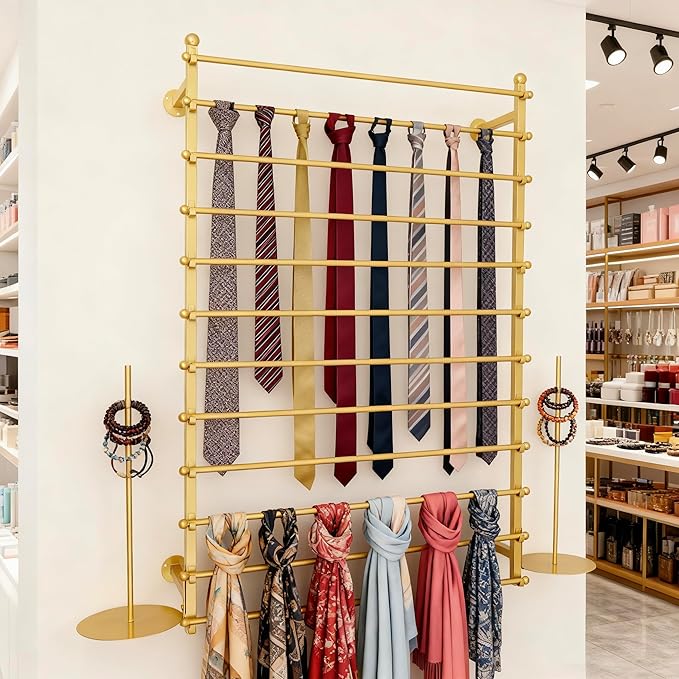12 Layers 120cm Gold Wall Display Stand Wrapping Paper Ribbon Organizer Holder Storage Scarf Tie Belt Towel Spool Sewing Tool Hijab Metal Shelving for Home, Retail Stores, Flower Shop, Studio