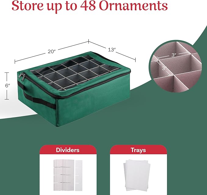 Ornament Storage Box - Zippered Organizer with 48 Individual Compartments and Dividers for Christmas Bulbs and Decorations by Tiny Tim Totes (Green)