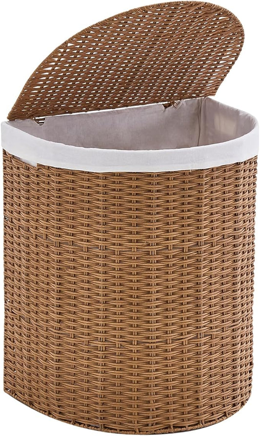 Wicker Half Moon Laundry Basket with Lid and 2 Replaceable Liner Bags, Handwoven Rattan Hamper for Dirty Clothes, Rattan, 120L