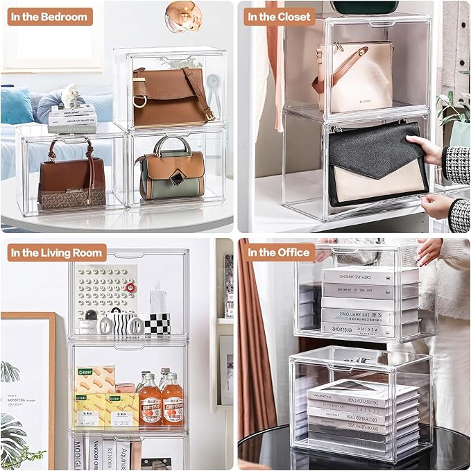 3 Packs Clear Handbag Storage Organizer for Closet, Acrylic Display Case for Purse Handbag, Stackable Purse Organizer Storage Box with Magnetic Lids for Wallet Book Collectibles