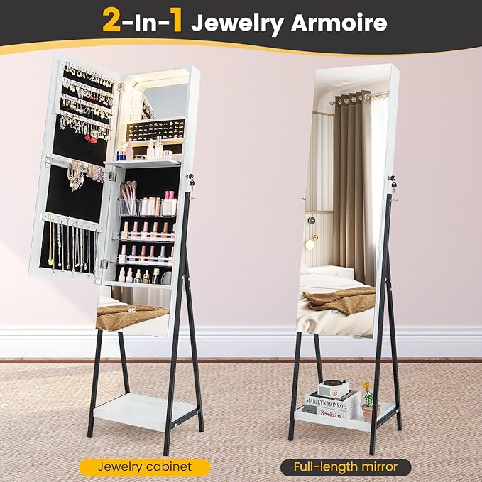 CHARMAID Jewelry Cabinet Armoire with Full Length Mirror, 3-Color Light Strips, Mirrored Tilt out Drawer, Lockable Standing Jewelry Organizer with Storage Shelves, Metal Stand (White)