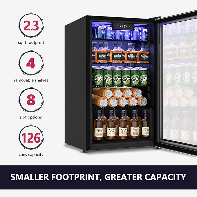 Beverage Refrigerator Cooler, 126 Can Mini Fridge with Glass Door for Wine, Soda Beer, Beverage Cooler for Home, Bar, Office with Adjustable Removable Shelves, Black