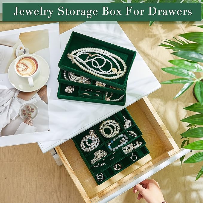 Junkin 18 Pcs Velvet Jewelry Tray Stackable Jewelry Drawer Organizer Jewellery Box Divided Display Tray for Earring Bangle(Dark Green)