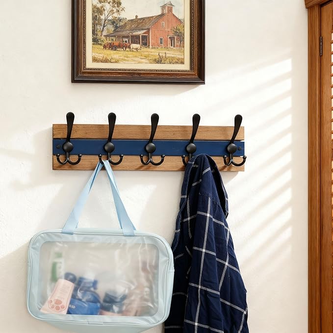SKOLOO Rustic Wall Mounted Coat Rack - 16-7/8" Long Coat Hooks for Wall with 5 Triple Hooks for Hanging Coats, Hats or Tools, Western National Parks Collection, Wood Brown & Blue