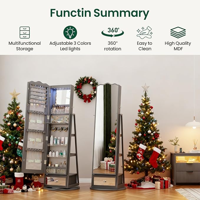 HNEBC 360° Rotating Jewelry Cabinet with Lights, Standing Jewelry Armoire with Mirror, Full Length Mirror with Jewelry Storage, Lockable Lagre Jewelry Organizer Stand for Bedroom, Cloakroom (Grey)