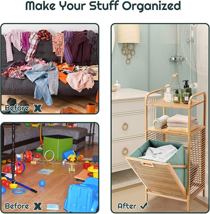 Giantex Laundry Hamper Tilt-Out Laundry Linen Hamper Bamboo Freestanding Clothes Basket W/Shelf & Removable Liner, Storage Laundry Shelf for Bathroom Living Room Bedroom, Natural