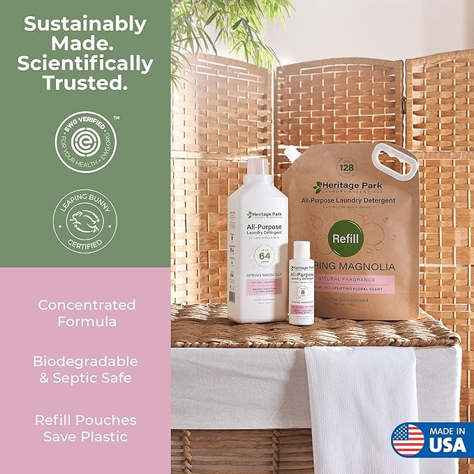 Heritage Park Luxury Laundry Detergent | Dermatologist Tested Plant based Natural & Enzyme Laundry Detergent | Sensitive Skin Friendly - Spring Magnolia (64 fl oz Refill)