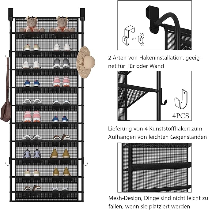 10 Tier Shoe rack Hanging Shoe Storage the door shoe rack for Closet Pantry Over The Door Shoe Organizer Wall Floating Shelves (Black, 10 Tier)