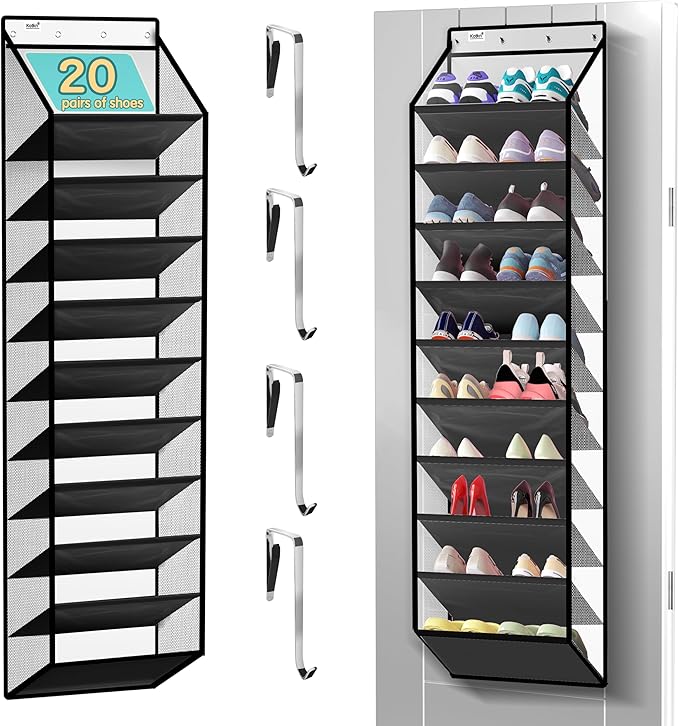 10 Tier Hanging Shoe Rack - Heavy Duty Behind The Door Hanging Shoe Rack, Sturdy Oxford Cloth, 20+ Pairs Over The Door Shoe Cabinet for Boots and Sneakers - Save 50% Closet Space! (Piano White)