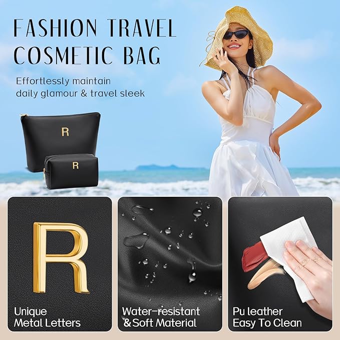 Valentine's Day Gifts for Women Girlfriend Initial Makeup Bag for Teen Girls Personalized Gifts for Friend Teacher Mom Wife Cosmetic Travel Toiletry Bag(Black,R)