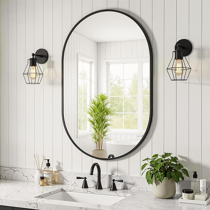 Oval Bathroom Mirror for Wall, 24"x36" Bathroom Vanity Mirror for Over Sink, Bedroom, Living Room, Entryway, Metal Frame & HD Shatterproof Glass, Wall Mounted Horizontally or Vertically(Black)