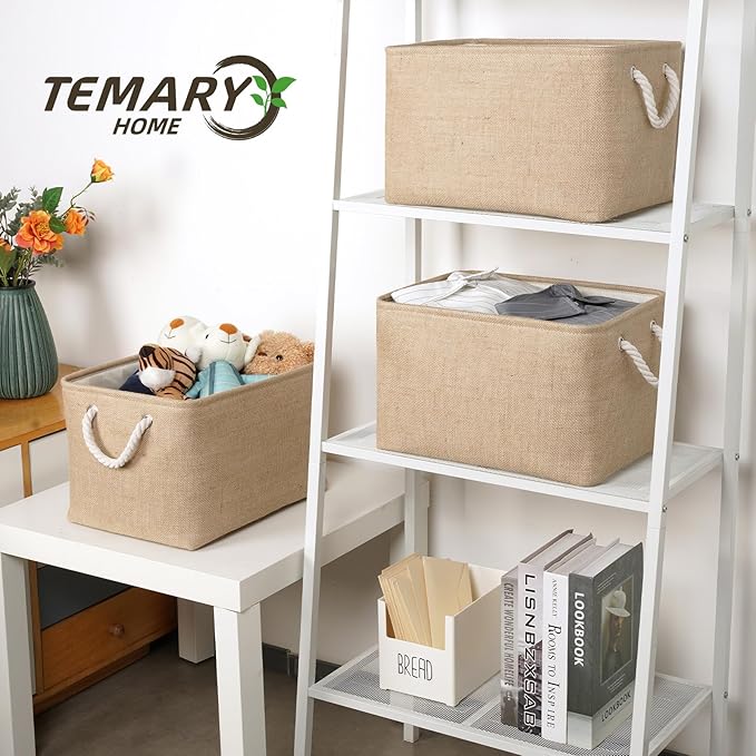 Temary Fabric Storage Cubes Bins Basket 4 Pack for Organizing Home, Shelves, Closet, Empty Gift Baskets with Rope Handles for Gift Empty (15 * 11 * 9.5"-Linen Yellow)