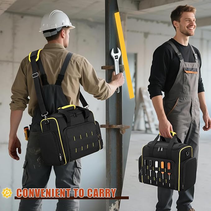 Tool Bag with 3 Removable Cases, 2 Layers Tool Tote for Hand Tools, Black with Yellow Binding