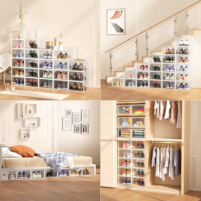 Secret Space 12 Pack Large Shoe Organizer Storage Boxes for Closet, Modular Space Saving Shoe Boxes Clear Plastic Stackable Sneaker Containers Display Case with Lids, White