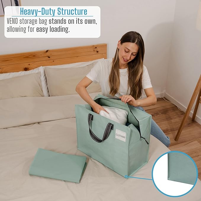 VENO 4 Pack Moving Bags, Christmas Storage Containers, Storage Totes, Zipper On Top, Sturdy, Storage Bags for Camping, Clothes, Bedding, Comforters, Pillows (13 Gallon Light Green, 4 Pack)