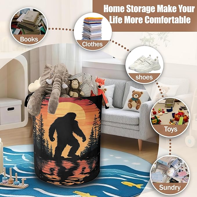 Bigfoot Laundry Hamper,Sunset Forest Laundry Baskets,Waterproof Oxford Cloth Toy Storage for Bedroom,Bathroom,Nursery,16x20.8 Inch