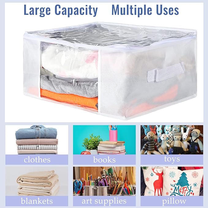 Sadnyy 6 Pcs Clear Storage Bags Zippered Plastic Clothes Containers Case Fabric Blanket Organizer Large Sweater Storage Bins with Handles for Cloth Bedding Sheets Closet Toys(16 x 12 x 8 Inch,White)