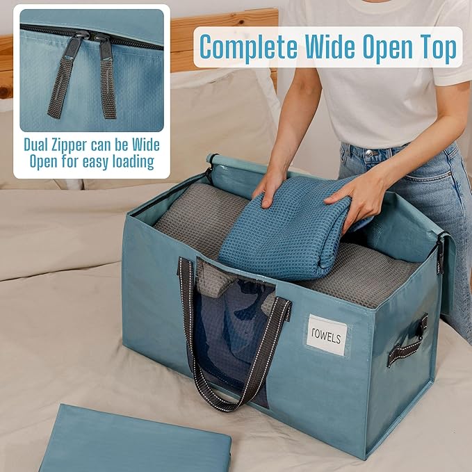 VENO 4 Pack Moving Bags, Christmas Storage Bins, Moving Boxes Alternative, Comforter and Blanket Storage Bags, College Dorm Packing Supplies, Foldable Heavy-Duty Tote (Shiny Light Blue, 4 Pack)