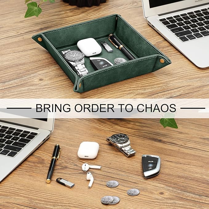 SITHON Valet Tray Desktop Storage Organizer – Premium PU Leather Catchall Bedside Vanity Tray Nightstand Caddy Holder for Remote Controller, Keys, Phone, Wallet, Coin, Jewelry, Dark Green