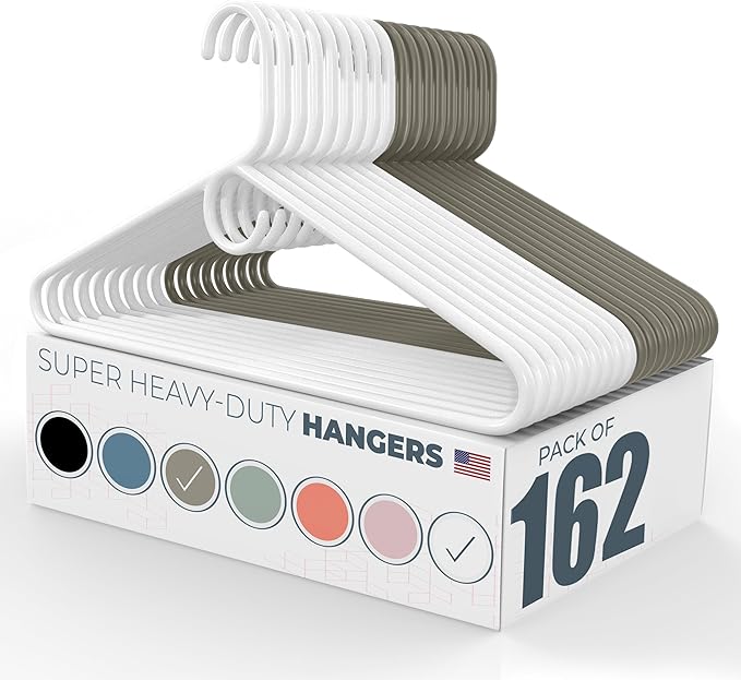 Neaties Super Heavy Duty Clothes Hangers 100+ Pack (162 Count) – Made in The USA - 10lb Capacity, Thick Plastic Hangers for Pants, Coats, Jackets, Jeans and Adult Clothing – White & Gray