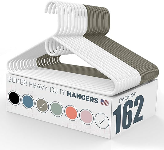 Neaties Super Heavy Duty Clothes Hangers 100+ Pack (162 Count) – Made in The USA - 10lb Capacity, Thick Plastic Hangers for Pants, Coats, Jackets, Jeans and Adult Clothing – White & Gray