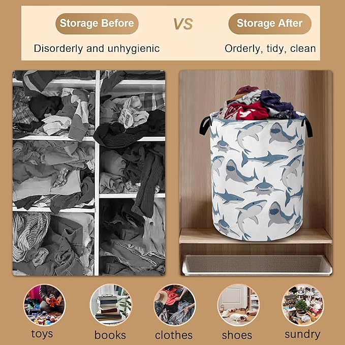 Laundry Hamper,Cute Shark Laundry Basket,Wild Fish Waterproof Oxford Cloth Storage Basket with Handle for Clothes Books Nursery Home Storage Sundries 16"x20"